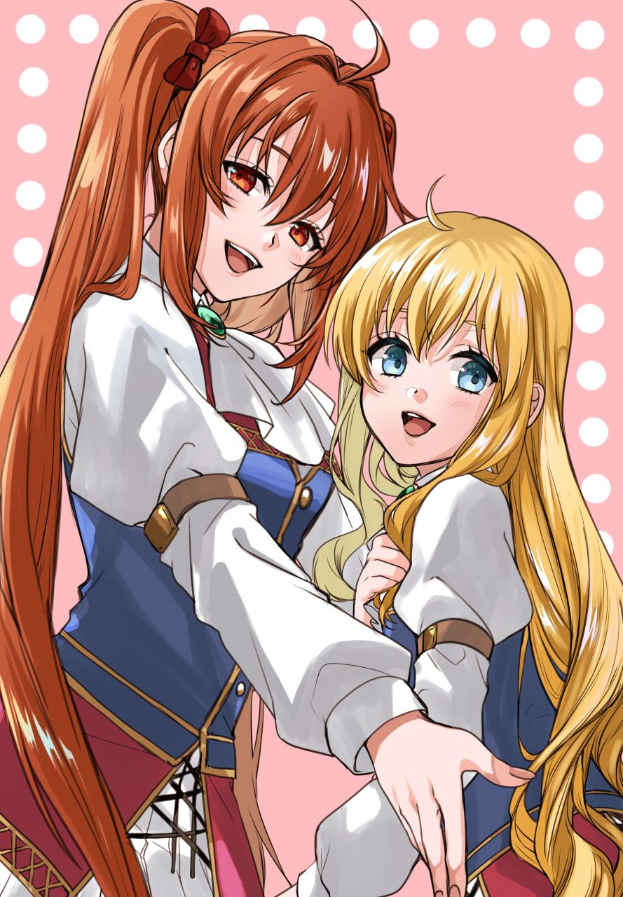 2girls, ahoge, antenna_hair, ascot, blonde_hair, blue_eyes, brooch, brown_hair, double-parted_bangs, eiyuu_densetsu, estelle_bright, green_brooch, hair_between_eyes, hair_intakes, height_difference, highres, jewelry, long_hair, long_sleeves, looking_at_viewer, multiple_girls, open_mouth, pink_background, polka_dot, red_eyes, runrui_kaku, school_uniform, sidelocks, simple_background, smile, sora_no_kiseki, tita_russell, twintails, upper_body, very_long_hair, vest, waistcoat, white_ascot
