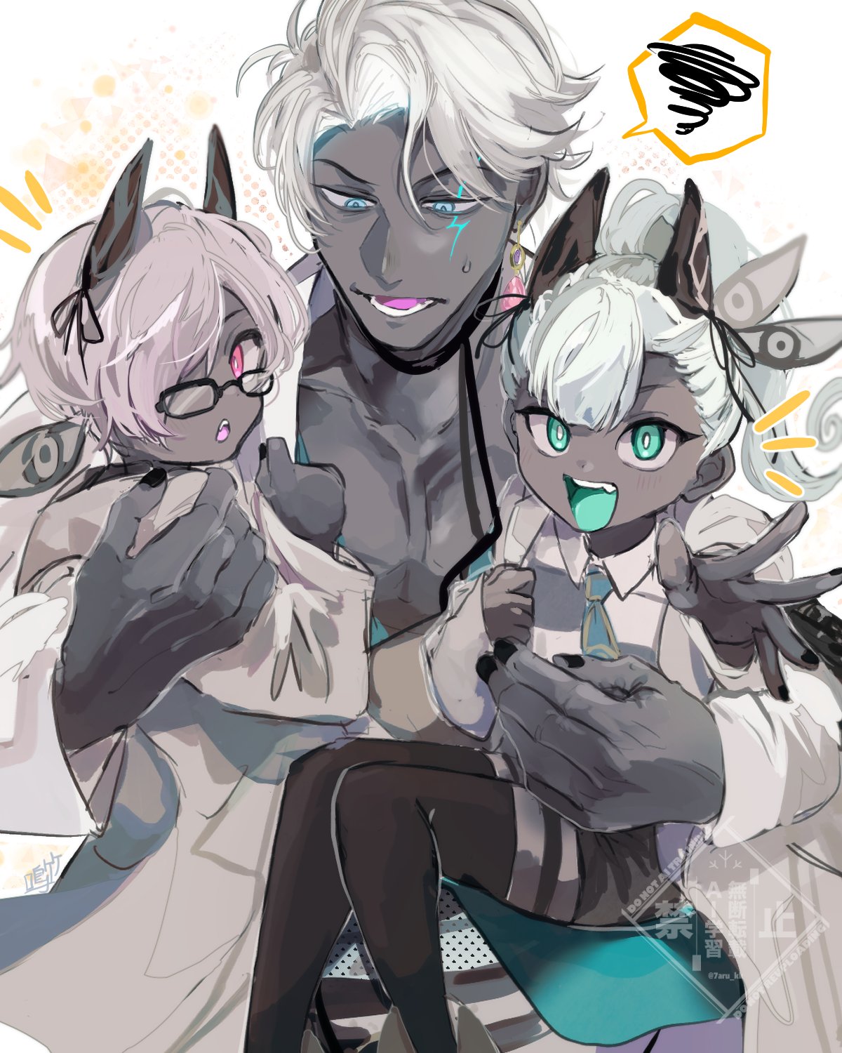 1girl, 2boys, 7aru_kk, black_horns, blue_eyes, boy_vajra_(celebratory_attire)_(fate), boy_vajra_(fate), checkered_clothes