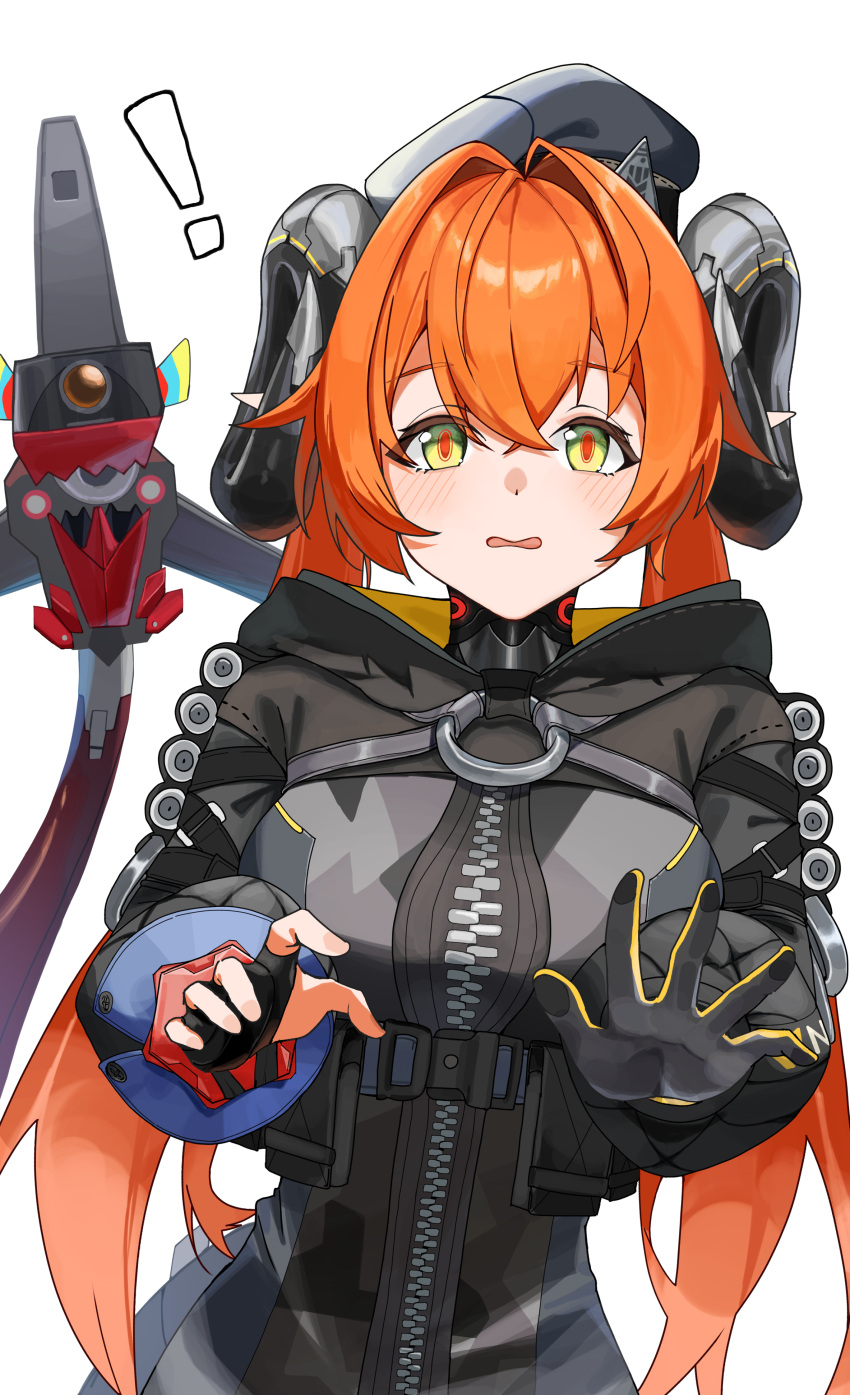 !, 1girl, absurdres, beret, black_gloves, black_hat, black_hoodie, commentary