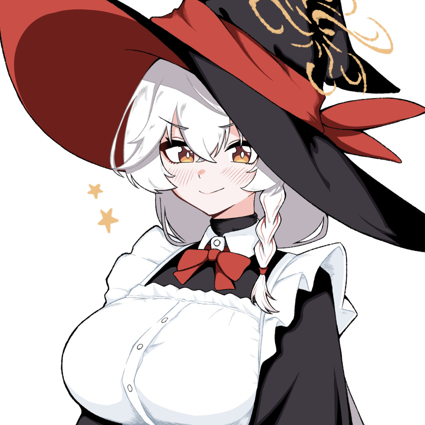 1girl, absurdres, alternate_costume, apron, black_hat, blue_archive, blush, bow, bowtie, breasts, bright_pupils, eri_(blue_archive), halo, hat, highres, large_breasts, looking_at_viewer, orange_eyes, red_bow, red_bowtie, simple_background, smile, solo, star_(symbol), undershirt, upper_body, user_pstz8335, white_apron, white_background, white_hair, white_pupils, witch_hat