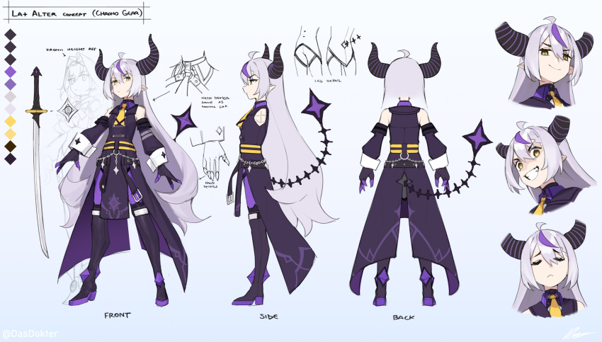 1girl, absurdres, character_name, character_profile, chrono_gear:_warden_of_time, color_guide, dasdokter, demon_horns