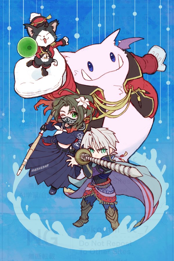 1boy, 1girl, aerith_gainsborough, aerith_gainsborough_(midgard_seventh_high_school), aqua_eyes, armor, armored_boots, bellhop_uniform, black_gloves, black_mask, black_sailor_collar, black_shirt, blue_cloak, blue_eyes, boots, brown_hair, cait_sith_(final_fantasy), cait_sith_(marching_jacket), cat, chibi, chibi_only, cloak, colored_tips, cosplay, crop_top, delinquent, edgar_roni_figaro, edgar_roni_figaro_(cosplay), fangs, fangs_out, final_fantasy, final_fantasy_vii, final_fantasy_vii_ever_crisis, floral_print, flower, gloves, gold_trim, green_eyes, grey_hair, hair_between_eyes, hair_flower, hair_ornament, hair_ribbon, holding, holding_megaphone, holding_staff, holding_sword, holding_weapon, jacket, komm_ec_7, long_skirt, mask, megaphone, midriff, moogle, mouth_mask, multicolored_hair, one_eye_closed, parted_bangs, pauldrons, pleated_skirt, red_hair, red_jacket, red_ribbon, ribbon, sailor_collar, sash, school_uniform, sephiroth, sephiroth_(edgar's_attire), sephiroth_(ever_crisis), shirt, short_hair, shoulder_armor, side_ponytail, sidelocks, skirt, slit_pupils, staff, sukeban, sword, tuxedo_cat, two-tone_fur, waist_sash, weapon, white_flower, white_gloves