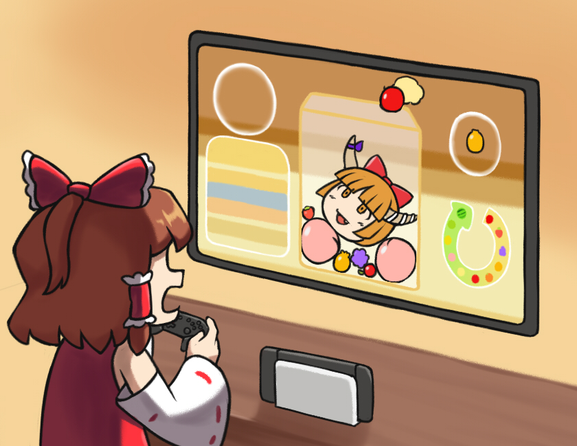 1girl, bow, brown_hair, commentary_request, controller, detached_sleeves, edgycat, game_controller