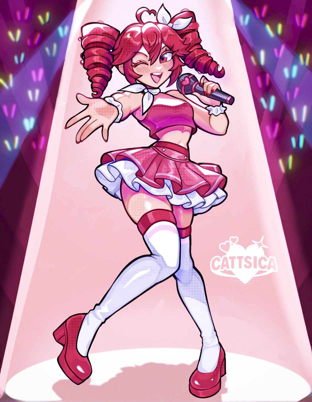 1girl, ahoge, artist_logo, bow, cattsica, commentary, crop_top, drill_hair