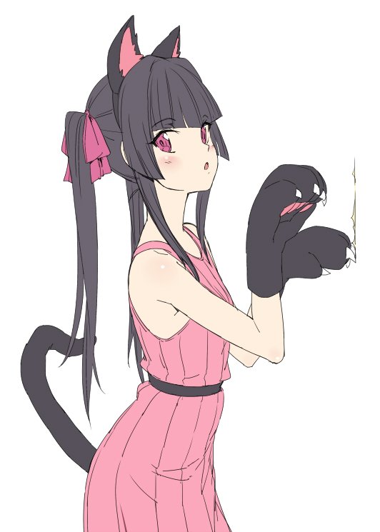 1girl, animal_ears, animal_hands, black_hair, cat_girl, dress, fake_animal_ears, fake_tail