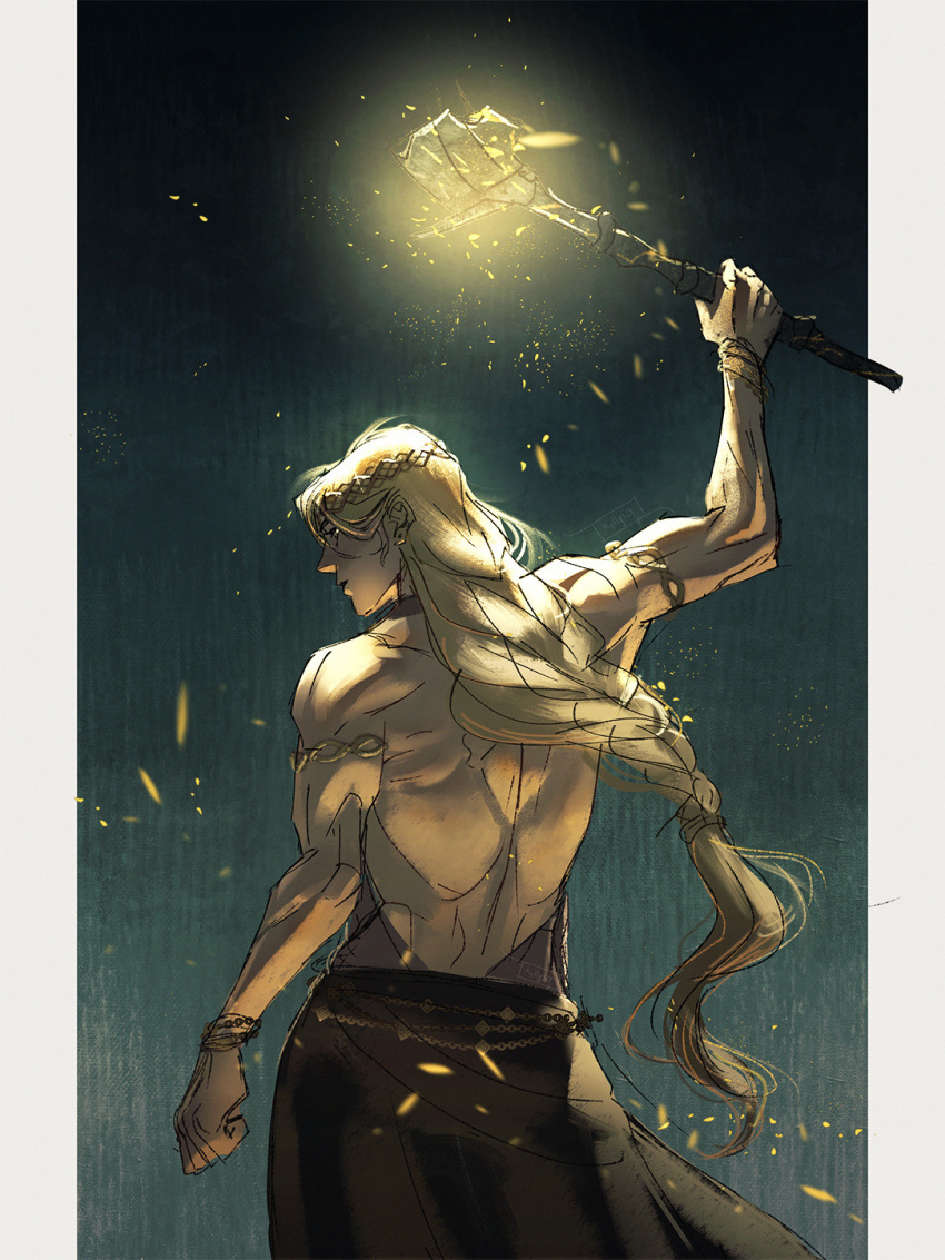 1girl, 1other, armlet, bare_shoulders, black_sarong, blonde_hair, border, bracelet