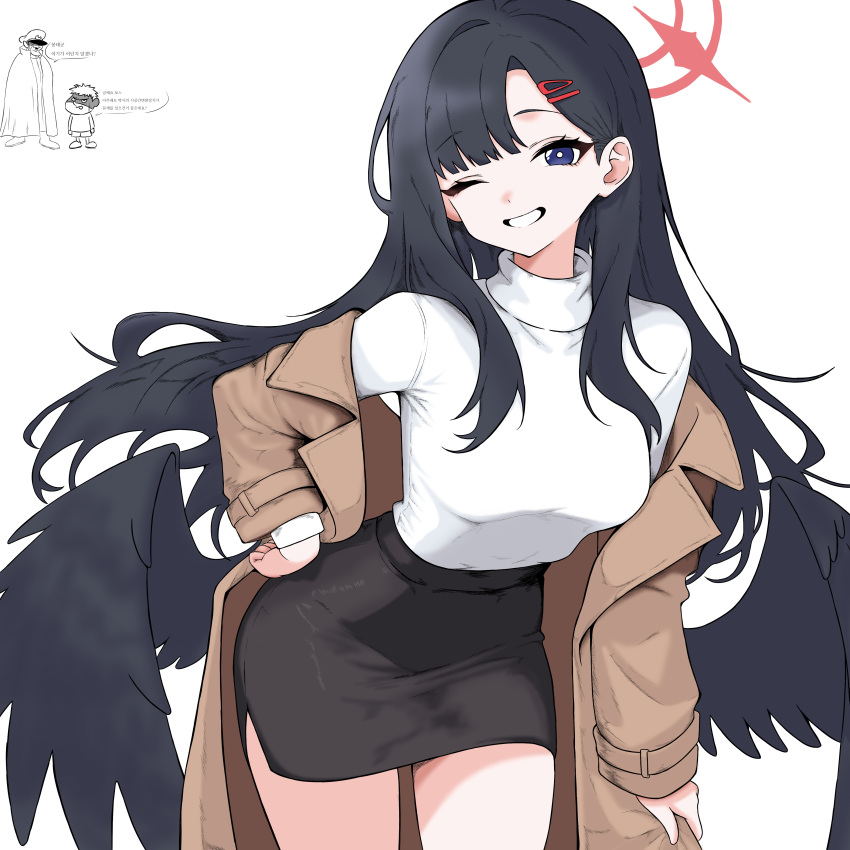 1girl, 2boys, ;d, absurdres, alternate_costume, black_hair, black_skirt, black_wings