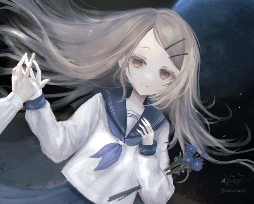 1girl, 1other, blonde_hair, blue_flower, blue_neckerchief, blue_sailor_collar, blue_skirt, closed_mouth