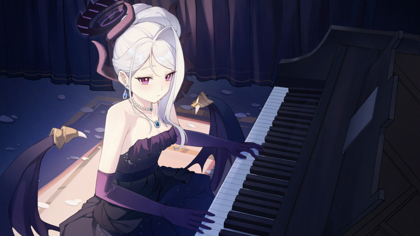 1girl, blue_archive, blush, breasts, demon_girl, demon_horns, demon_wings, grand_piano