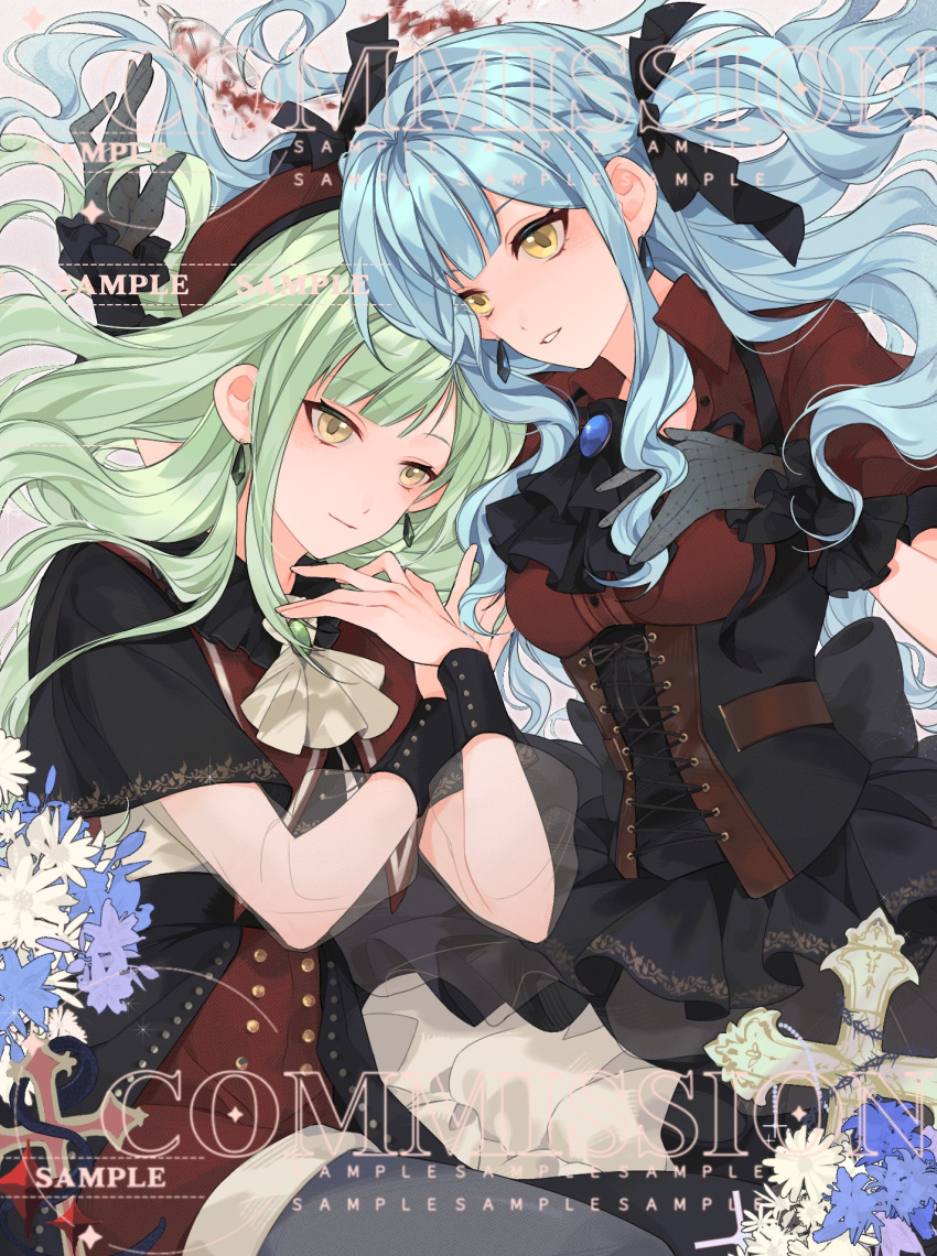 2girls, ambiguous_red_liquid, arm_pillow, ascot, back_bow, bang_dream!, bang_dream!_it's_mygo!!!!!, beret