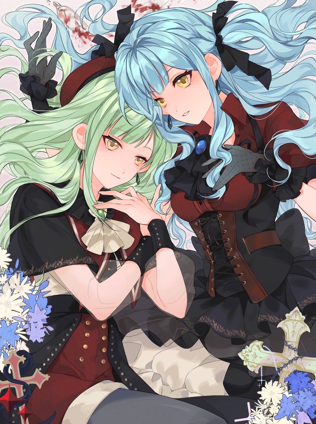2girls, ambiguous_red_liquid, arm_pillow, ascot, back_bow, bang_dream!, bang_dream!_it's_mygo!!!!!, beret