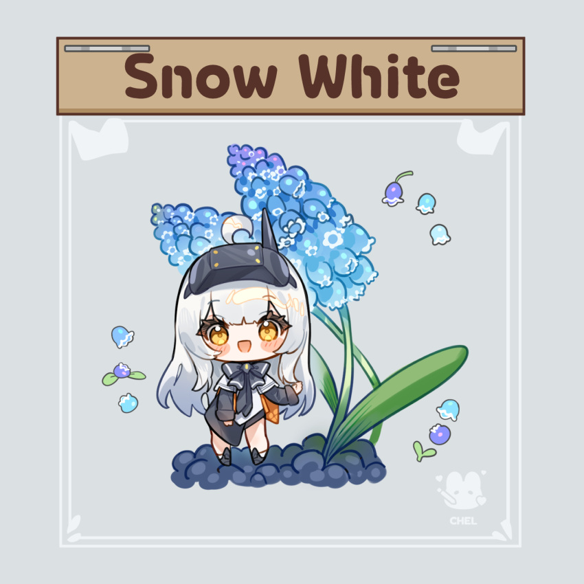 1girl, :d, ahoge, black_bow, black_shoes, blue_flower, blush_stickers, bow