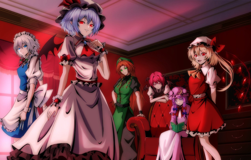 6+girls, apron, bat_wings, beret, blonde_hair, blue_dress, blue_eyes, blue_hair