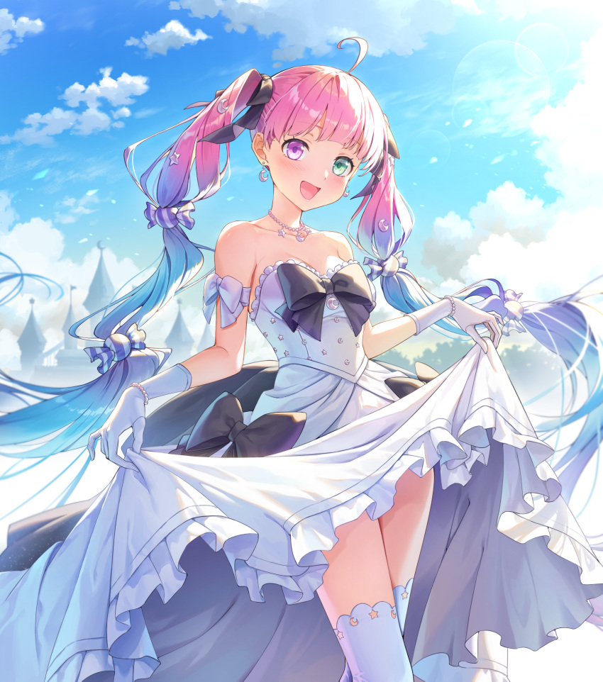 1girl, :d, ahoge, armband, bare_shoulders, blue_hair, blue_sky, bow, candy_hair_ornament, clouds, commentary_request, crescent, crescent_earrings, crescent_hair_ornament, crescent_necklace, day, dero_(eka56921), dress, earrings, food-themed_hair_ornament, frilled_dress, frills, gloves, gradient_hair, green_eyes, hair_ornament, heterochromia, highres, himemori_luna, himemori_luna_(dress), hololive, jewelry, large_bow, long_hair, looking_at_viewer, multicolored_hair, necklace, official_alternate_costume, official_alternate_hairstyle, open_mouth, outdoors, pearl_necklace, pink_hair, skirt_hold, sky, smile, solo, star_(symbol), star_hair_ornament, star_necklace, strapless, strapless_dress, thigh-highs, twintails, very_long_hair, violet_eyes, virtual_youtuber, waist_bow, wavy_hair, white_armband, white_dress, white_gloves, white_thighhighs