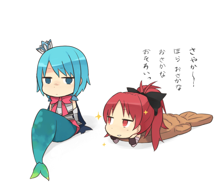 blue_eyes, blue_hair, chibi, chin_rest, crown, flat_chest, food, knt31, long_hair, mahou_shoujo_madoka_magica, mermaid, miki_sayaka, monster_girl, multiple_girls, oktavia_von_seckendorff, ponytail, red_eyes, red_hair, redhead, sakura_kyouko, short_hair, simple_background, sparkle, spoilers, taiyaki, translated, translation_request, tsuzuya_(knt31), wagashi