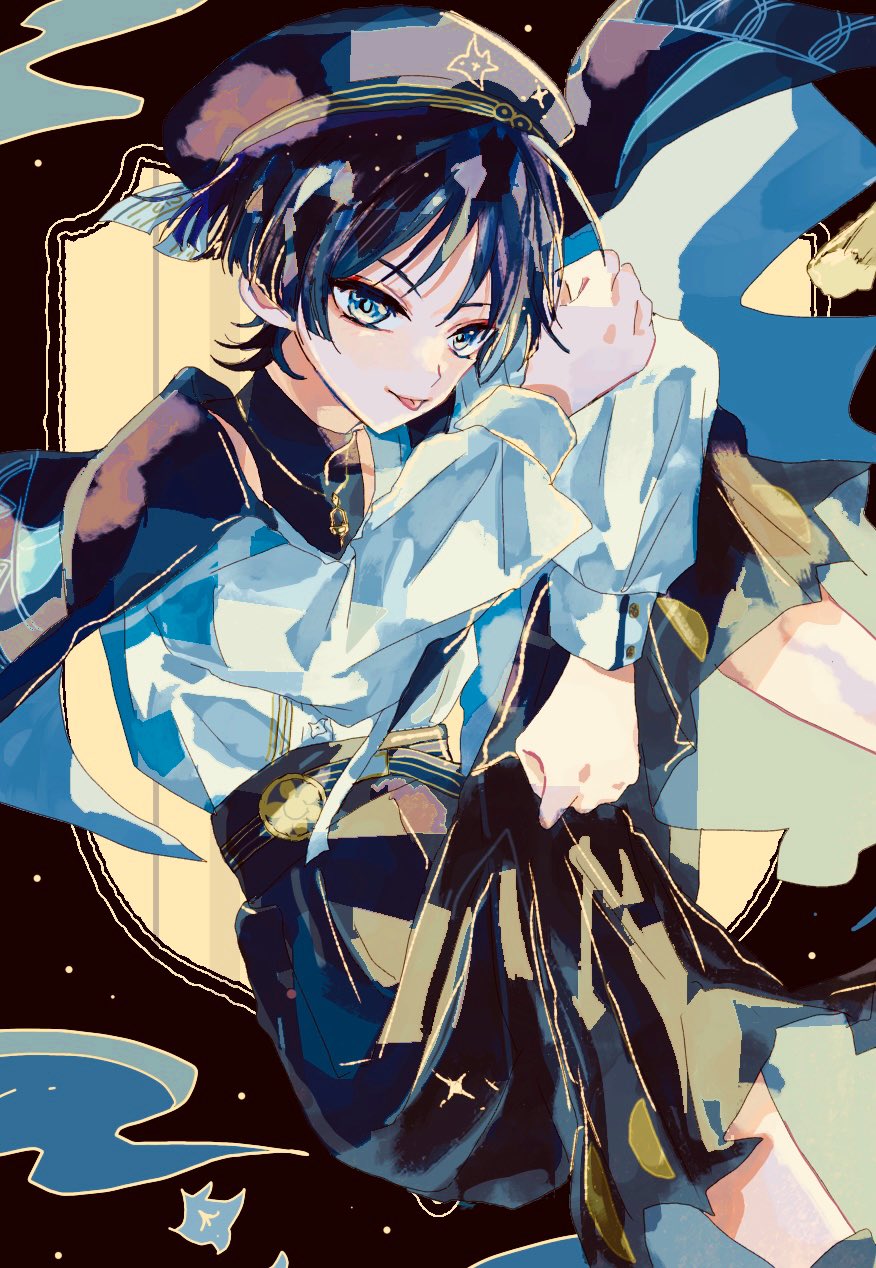 1boy, 6v85jrsk9pm5fuq, animal_print, aqua_pants, belt, beret, bird_print, black_hair