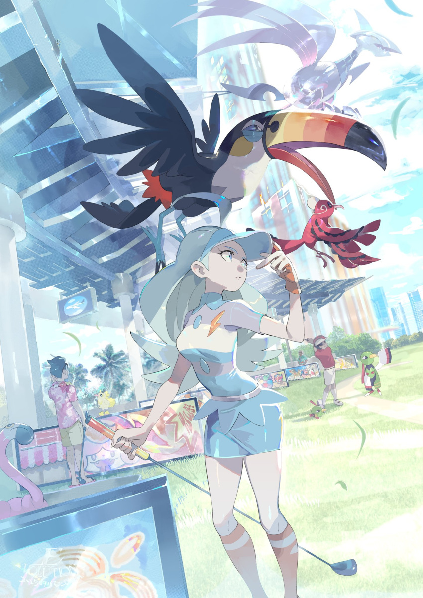 1girl, 3boys, ahoge, bird, black_hair, blue_eyes, blue_hair, blue_hat