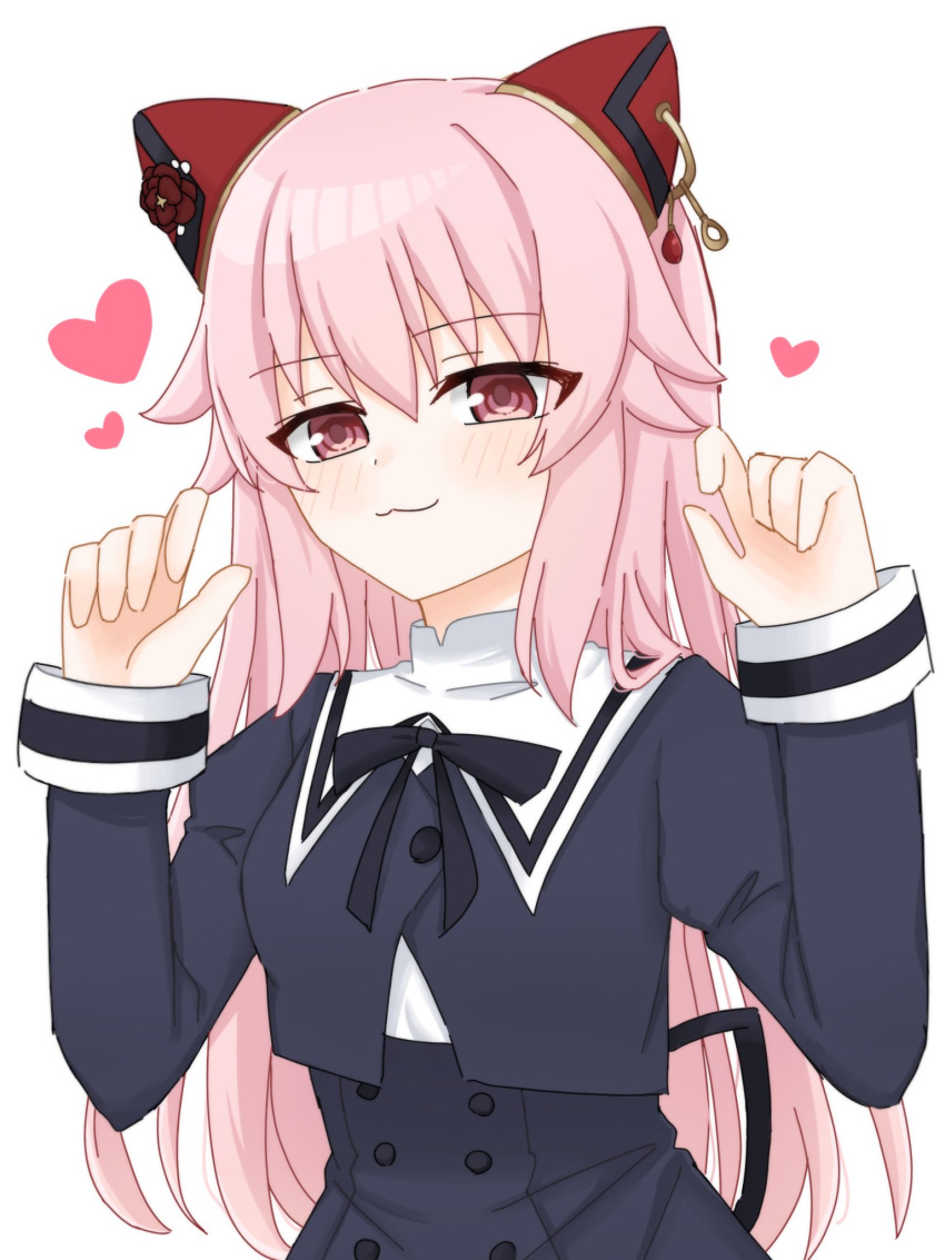 1girl, :3, assault_lily, black_ribbon, black_skirt, blush, buttons, claw_pose