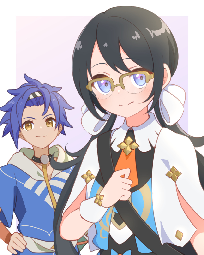 1boy, 1girl, black_hair, blue_eyes, blue_hair, blue_hoodie, cai_(fire_emblem), character_request