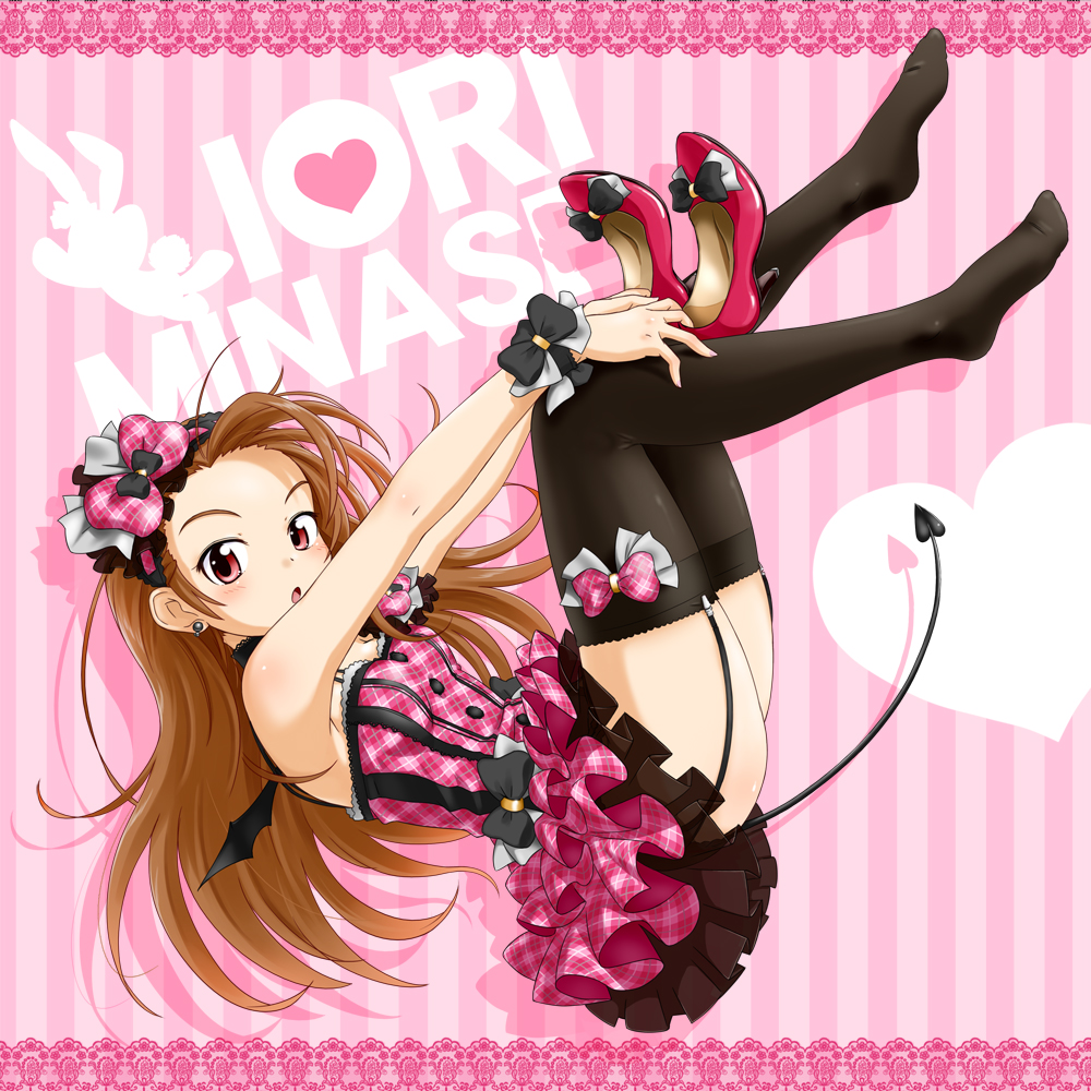 bad_id, bare_shoulders, black_legwear, blush, bow, brown_eyes, brown_hair, demon_tail, demon_wings, earrings, garters, hair_bow, high_heels, idolmaster, jewelry, long_hair, minase_iori, open_mouth, punto, shoes, shoes_off, shoes_removed, skirt, solo, tail, thigh-highs, thighhighs, wings