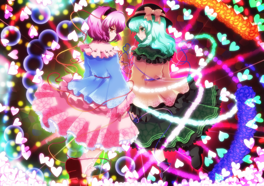 colorful, danmaku, from_behind, glowing, green_eyes, green_hair, hat, heart