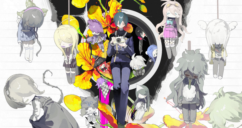 6+boys, 6+girls, ahoge, akamatsu_kaede, amami_rantaro, angel_wings, black_hair, blonde_hair