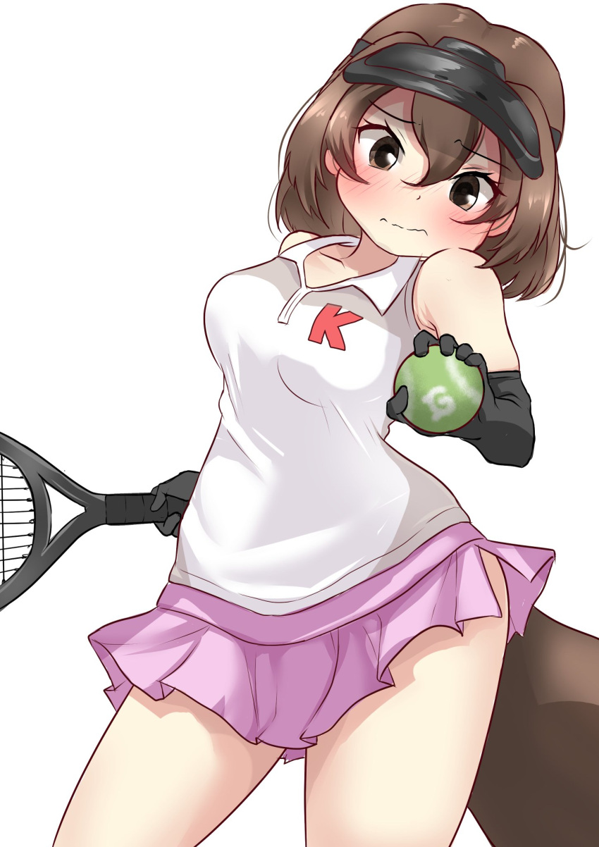 1girl, ball, bare_shoulders, black_gloves, black_visor, blush, brown_eyes, brown_hair