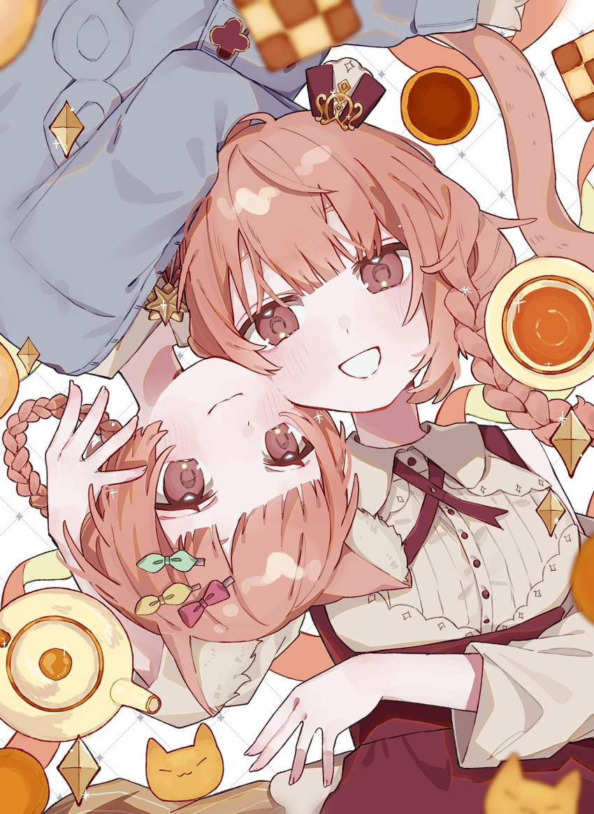 2girls, animal_ears, arw_wf, blue_sweater, braid, braided_hair_rings, cat_ears, cat_girl, cat_tail, cookie, cup, food, grin, hair_rings, highres, kemono_teatime, light_blush, looking_at_another, macaron_(kemono_teatime), multiple_girls, pink_eyes, pink_hair, siblings, sisters, smile, sweater, tail, tarte_(kemono_teatime), teacup, teapot