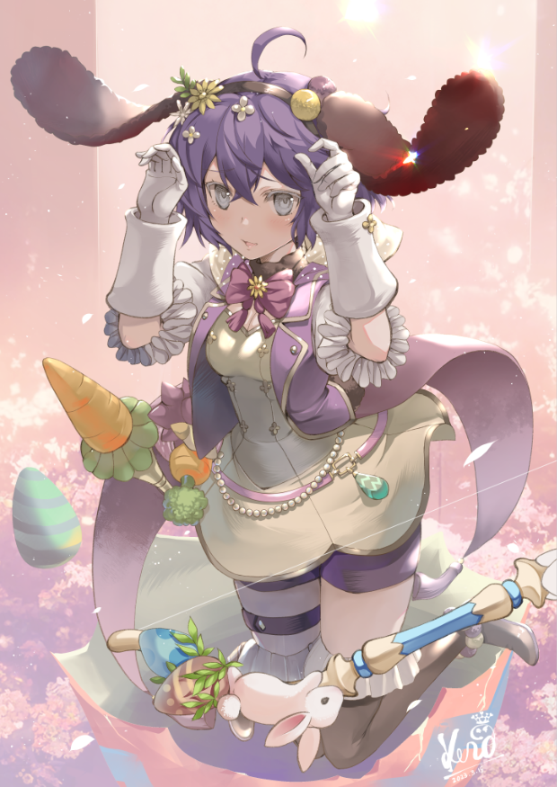 1girl, ahoge, animal_ears, animal_on_weapon, artist_name, bernadetta_von_varley, bernadetta_von_varley_(spring), boots, bow_(weapon), breasts, brown_hairband, carrot, commentary_request, dress, easter_egg, egg, fake_animal_ears, fire_emblem, fire_emblem:_three_houses, fire_emblem_heroes, gloves, grey_eyes, hair_between_eyes, hairband, kero_sweet, looking_at_viewer, official_alternate_costume, open_mouth, purple_hair, rabbit_ears, rabbit_pose, short_hair, solo, thigh_boots, weapon, white_gloves, yellow_dress