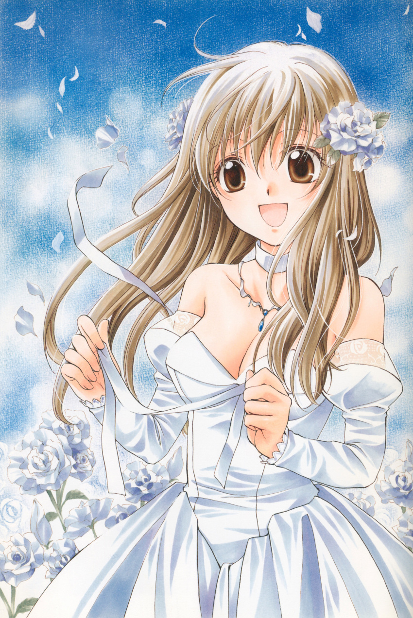 absurdres, bare_shoulders, breasts, brown_eyes, brown_hair, choker, cleavage, dress