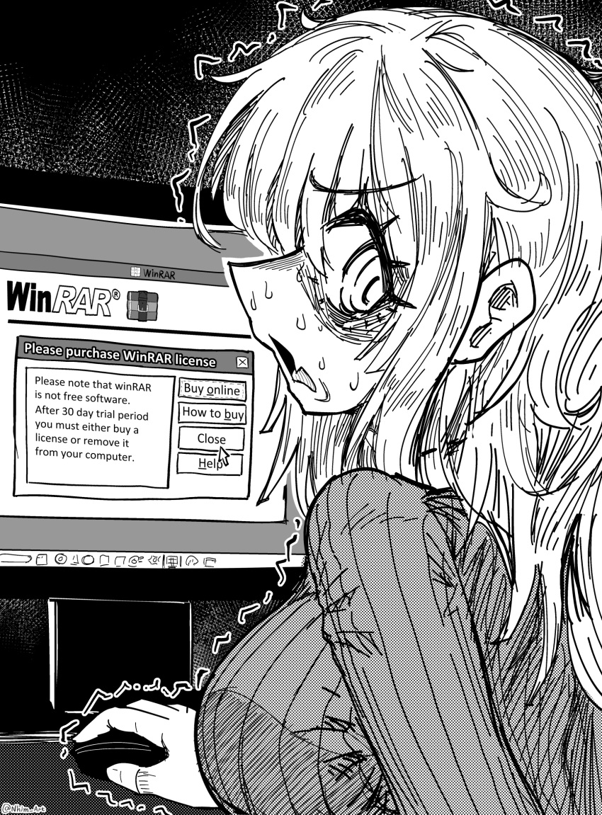 1girl, ^^^, at_computer, blush, breasts, commentary, computer_mouse, cursor