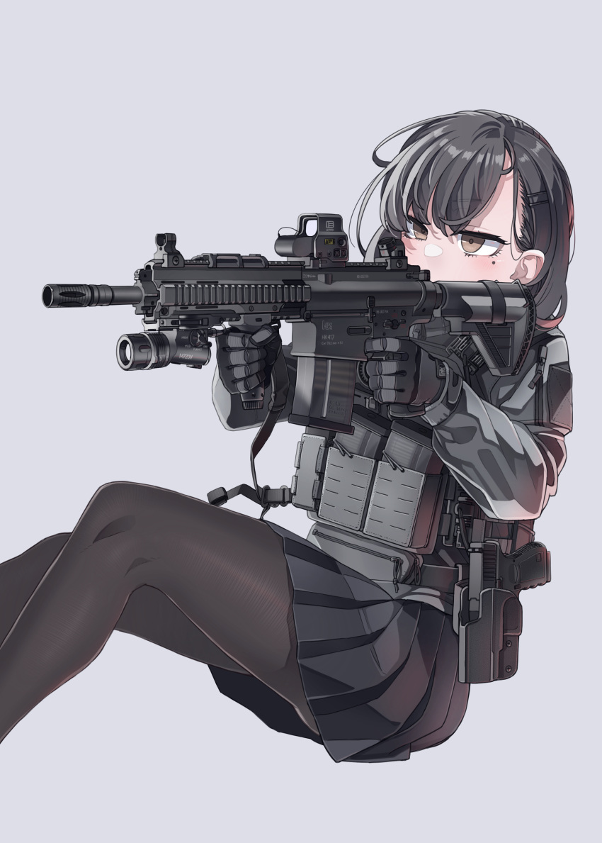 1girl, absurdres, aiming, battle_rifle, black_hair, brown_eyes, desert_(deserteagle0321), flashlight