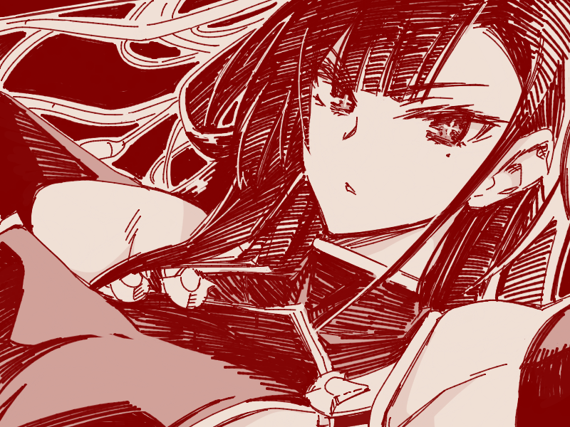 1girl, blunt_bangs, bright_pupils, cross-shaped_pupils, kuniruri_natsuki, mole, mole_under_eye, monochrome, nue_no_onmyouji, parted_lips, sketch, solo, symbol-shaped_pupils, tegaki_no_toshi