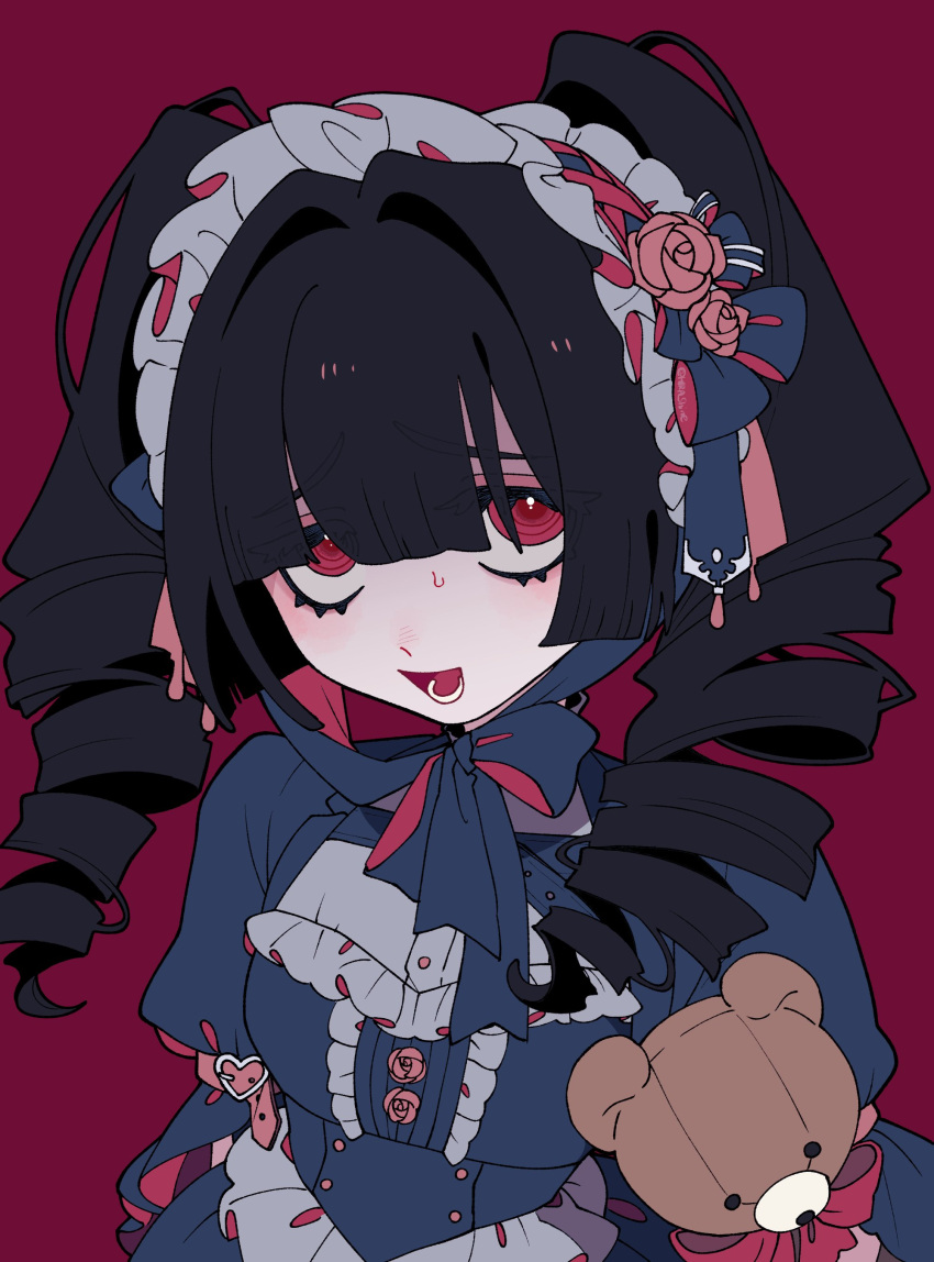1girl, :d, absurdres, black_hair, blue_dress, dress, drill_hair, flower