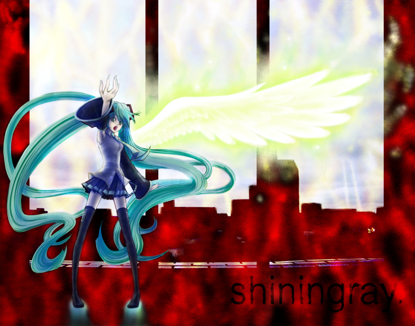 arm_up, black_legwear, boots, detached_sleeves, energy_wings, green_eyes, hatsune_miku, highres