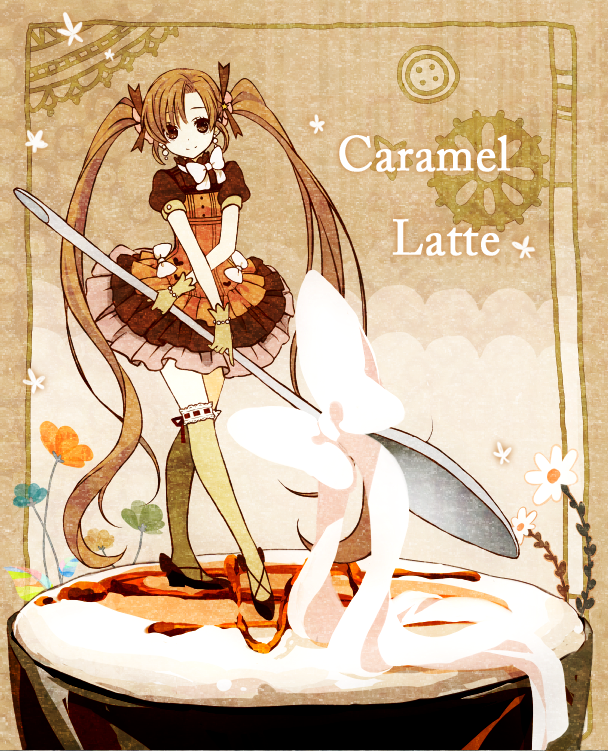 brown_hair, coffee, dress, earrings, flower, gloves, hair_ornament, jewelry