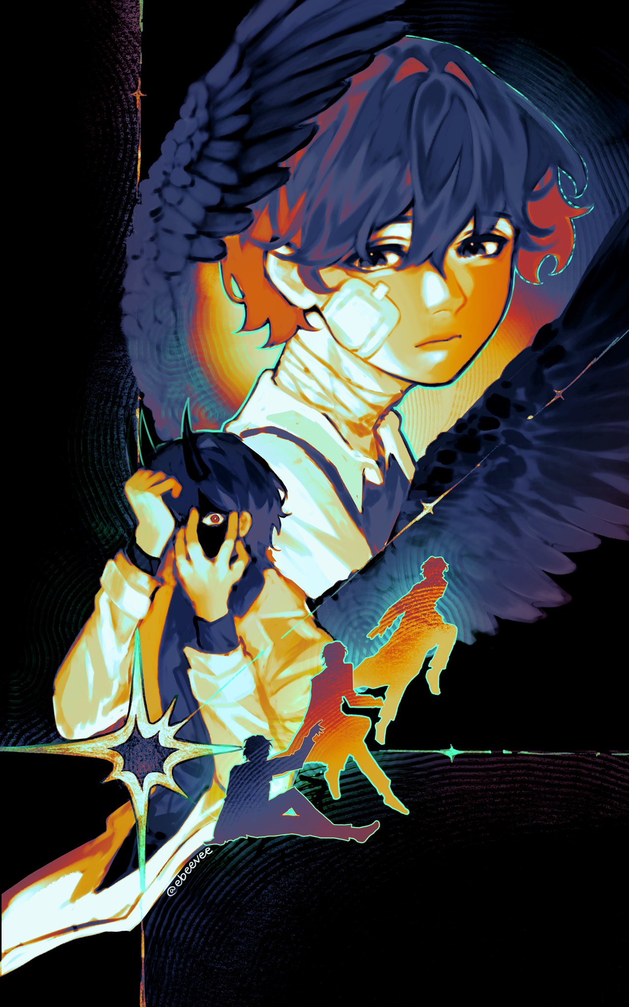 3boys, afterimage, bandage_on_face, bandaged_neck, bandages, black_eyes, black_hair, black_shirt, black_vest, black_wings, bright_pupils, clenched_hand, coat, colored_inner_hair, demon_horns, dual_persona, evie_(baoxiao), feathered_wings, forced_to_watch, green_outline, hand_on_own_forehead, highres, horns, kim_dokja, looking_at_viewer, male_focus, multicolored_hair, multiple_boys, oldest_dream, omniscient_reader's_viewpoint, open_clothes, open_coat, outline, popped_collar, reaching, red_eyes, running, shirt, short_hair, silhouette, sparkle, vest, white_coat, white_pupils, white_shirt, wings, yoo_joonghyuk