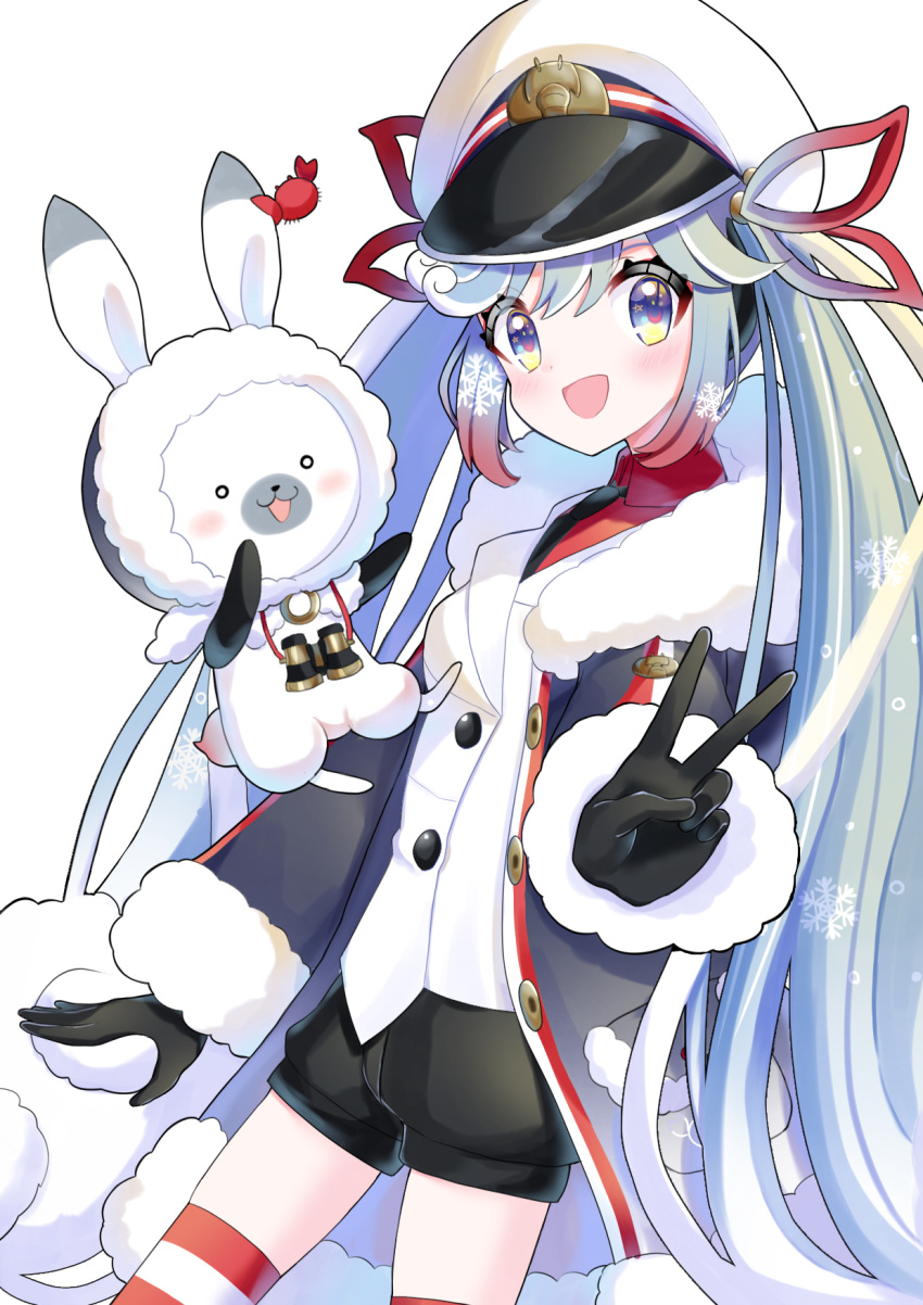 1girl, aqua_eyes, aqua_hair, black_coat, black_gloves, black_necktie, black_shorts, bloom_mfmf