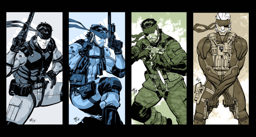 4boys, absurdres, age_progression, beard, belt, bodysuit, bulletproof_vest, chest_harness