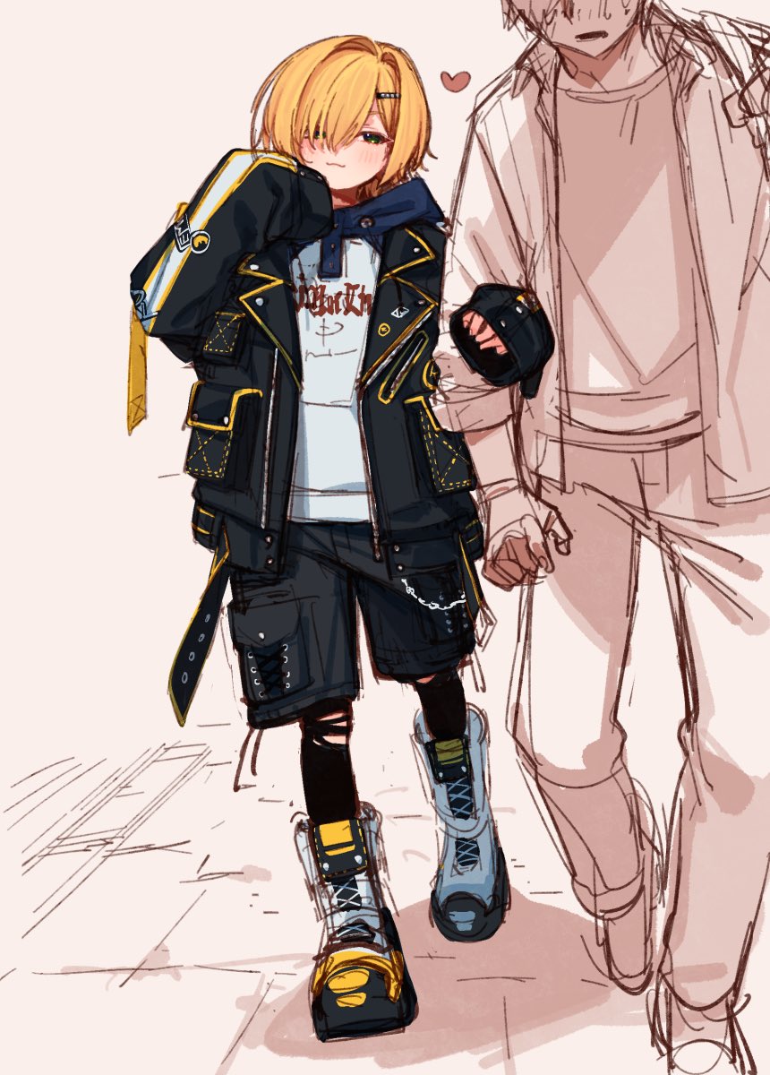 2boys, :3, artist_self-insert, black_leggings, blush, cr-r, faceless, faceless_male, hair_ornament, hair_over_one_eye, hairclip, heart, highres, hood, hoodie, leggings, multiple_boys, nijisanji, open_mouth, oversized_clothes, shorts, shota, smug, torn_clothes, uzuki_kou, viewer_self-insert, virtual_youtuber