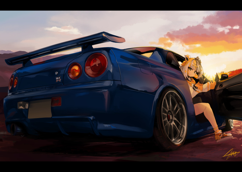 1girl, absurdres, animal_ears, black_gloves, black_hair, blue_car, brown_eyes, car