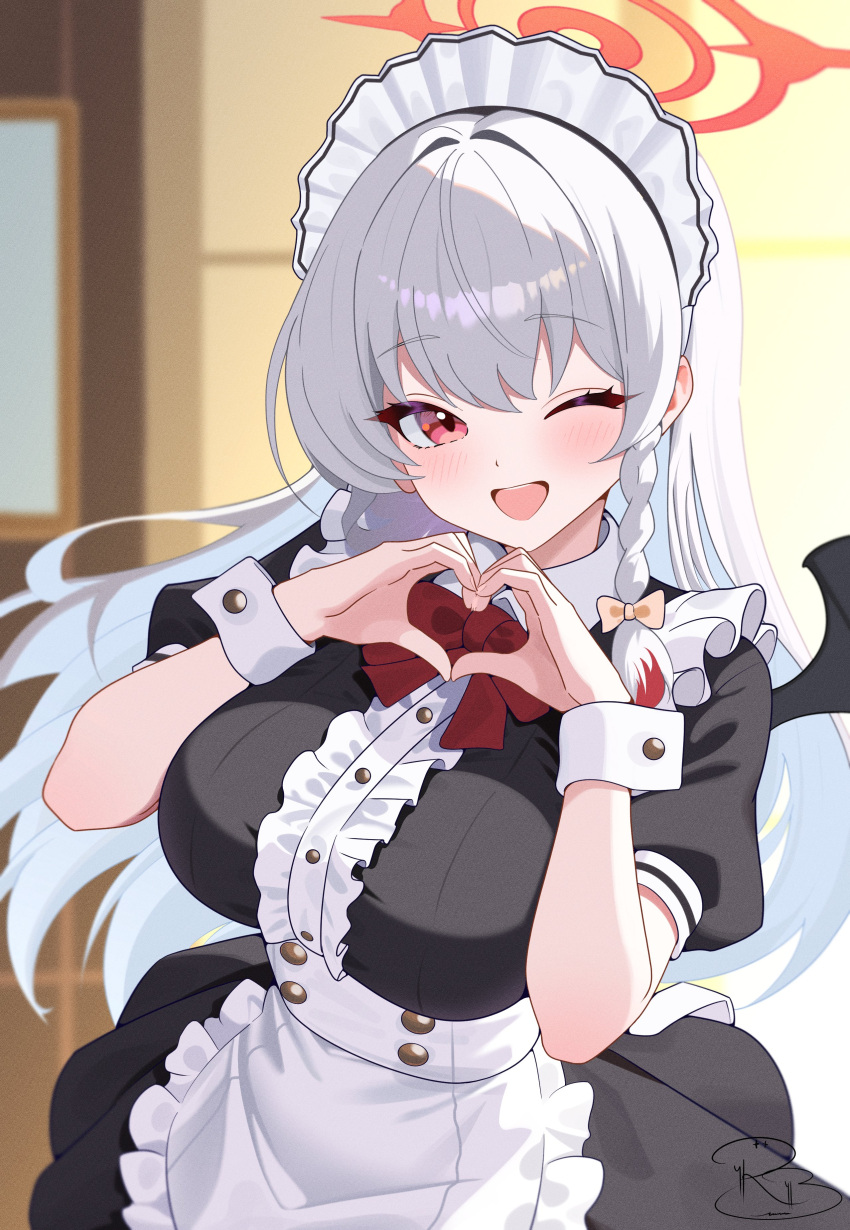 1girl, absurdres, alternate_costume, apron, artist_logo, black_dress, blue_archive, blush