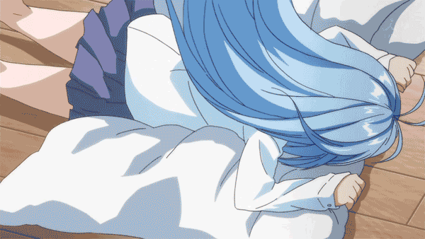 animated_gif, blue_eyes, blue_hair, denpa_onna_to_seishun_otoko, futon, gif, jellyfish, rolling, screencap, skirt, touwa_erio