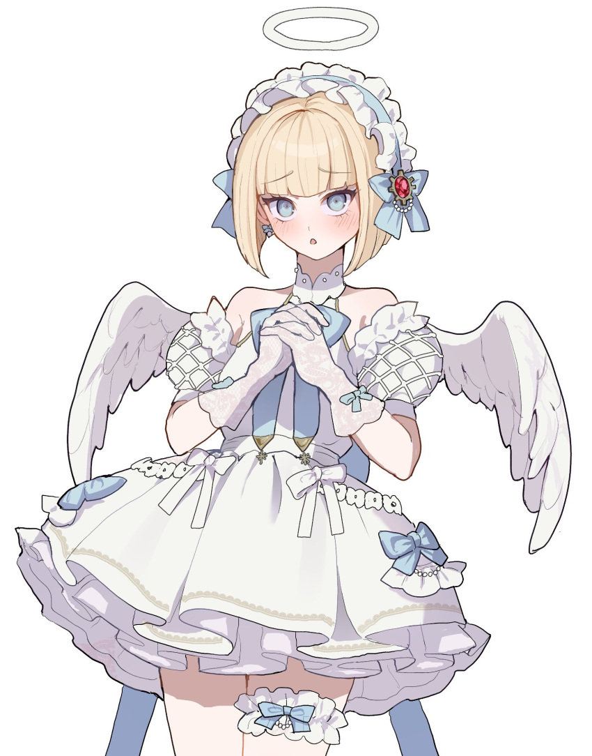 1girl, angel_wings, blonde_hair, blue_bow, blue_eyes, blue_hairband, blush, bow