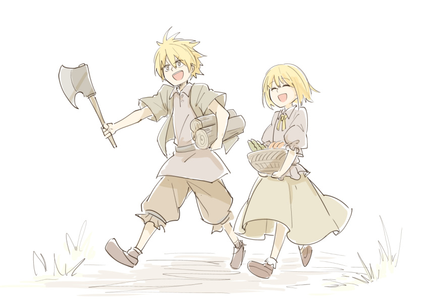 >:), 1boy, 1girl, axe, basket, blonde_hair, blot_plot, bob_cut