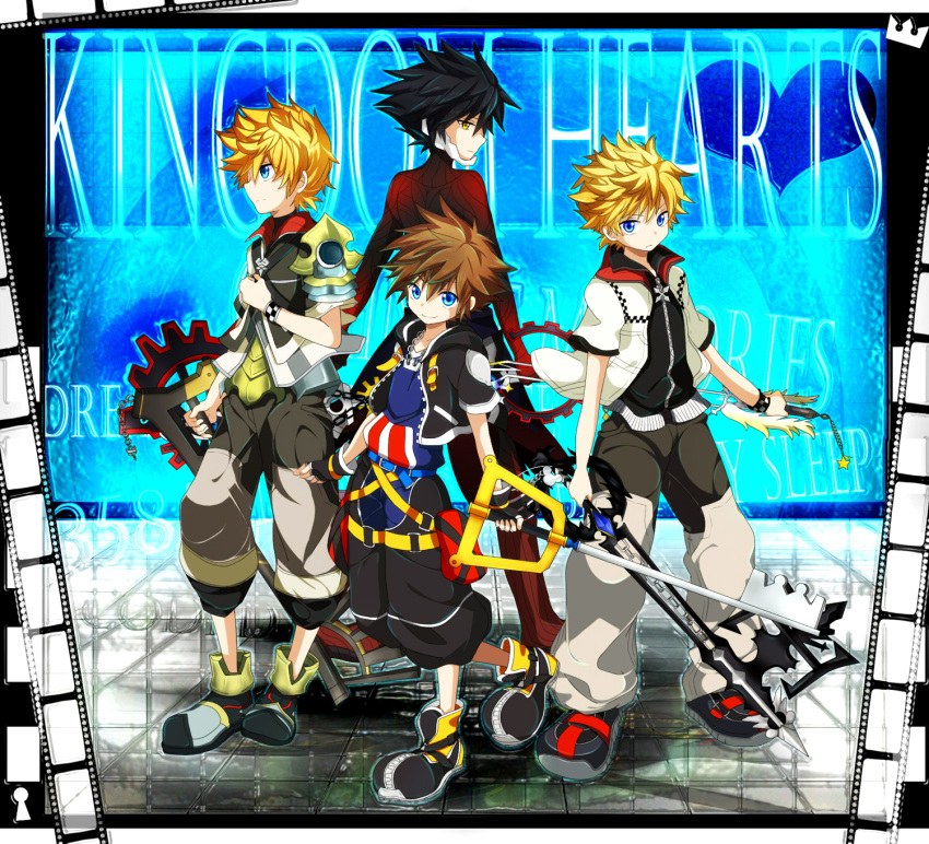 4boys, aohane_riko, black_gloves, black_hair, black_shoes, black_shorts, blonde_hair, blue_background