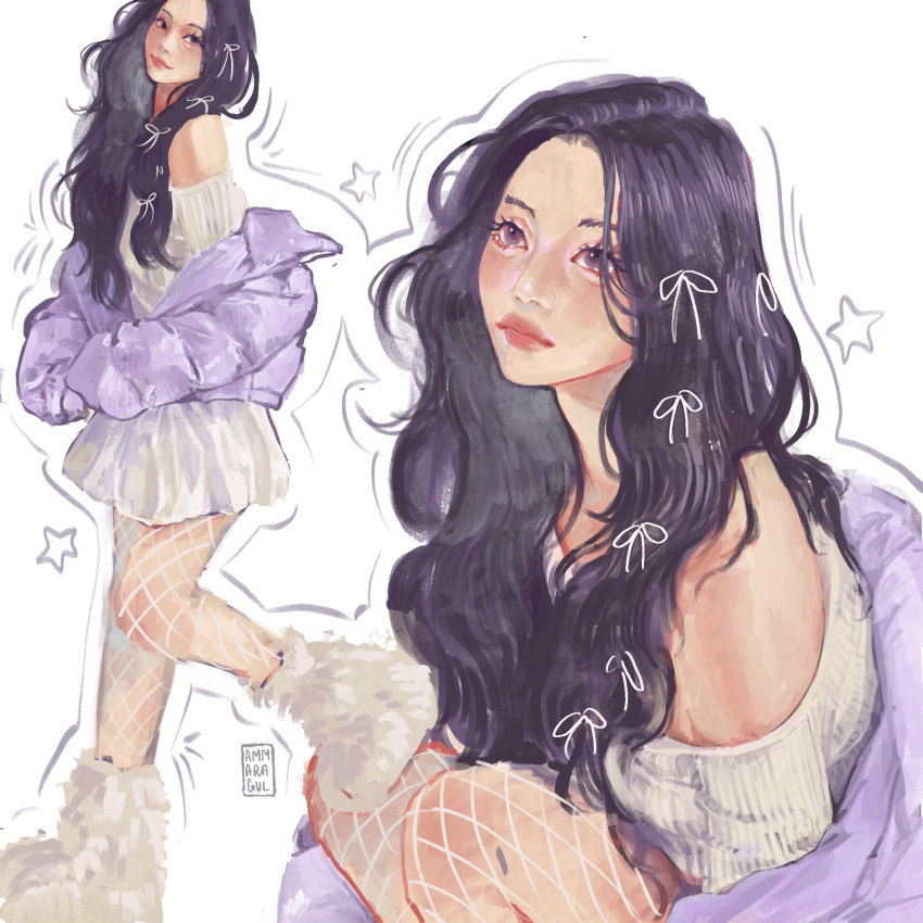 1girl, aegyo_sal, black_hair, boots, closed_mouth, coat, eyelashes, fishnet_pantyhose