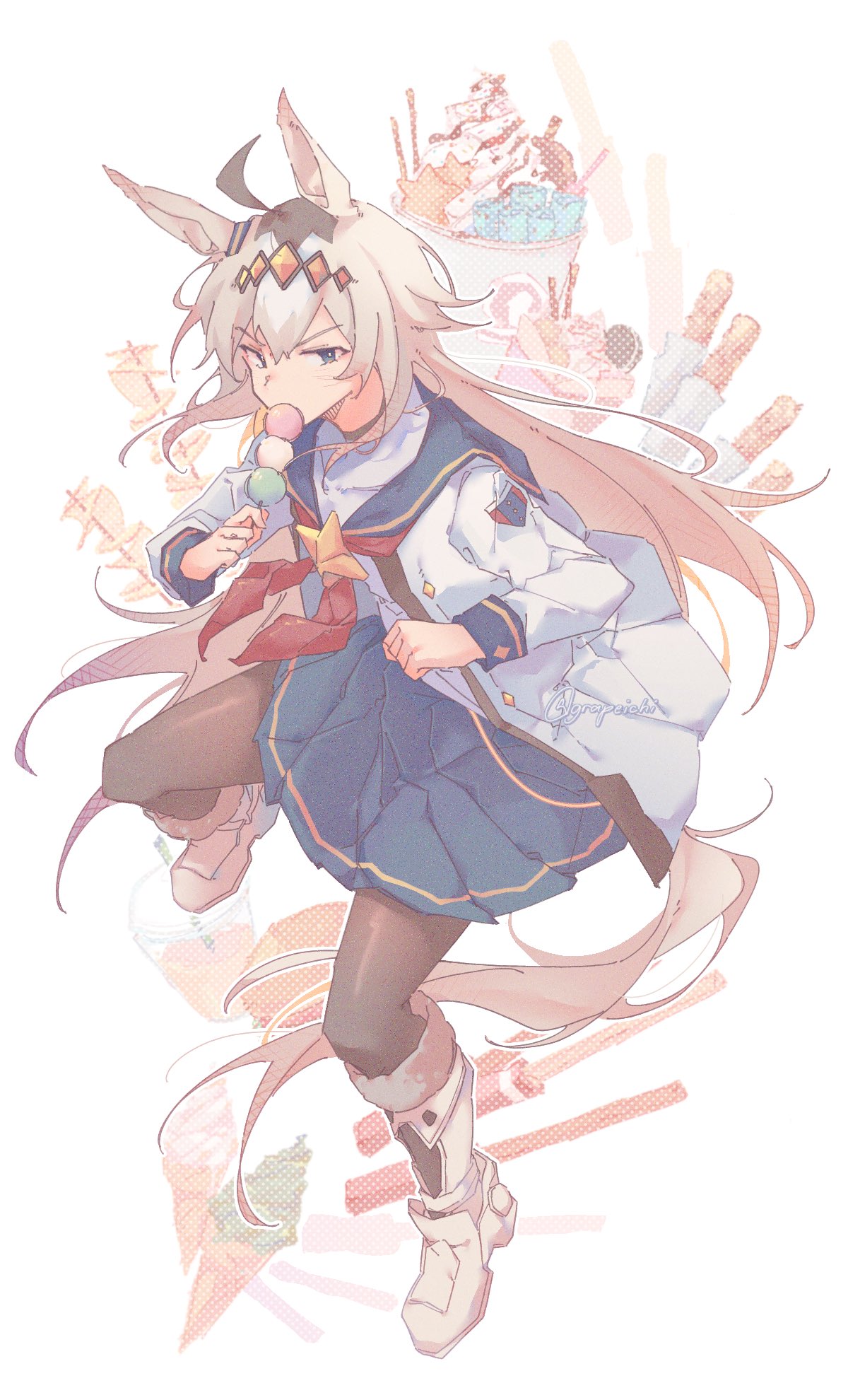 1girl, ahoge, animal_ears, black_pantyhose, blue_eyes, blue_sailor_collar, blue_skirt, boots