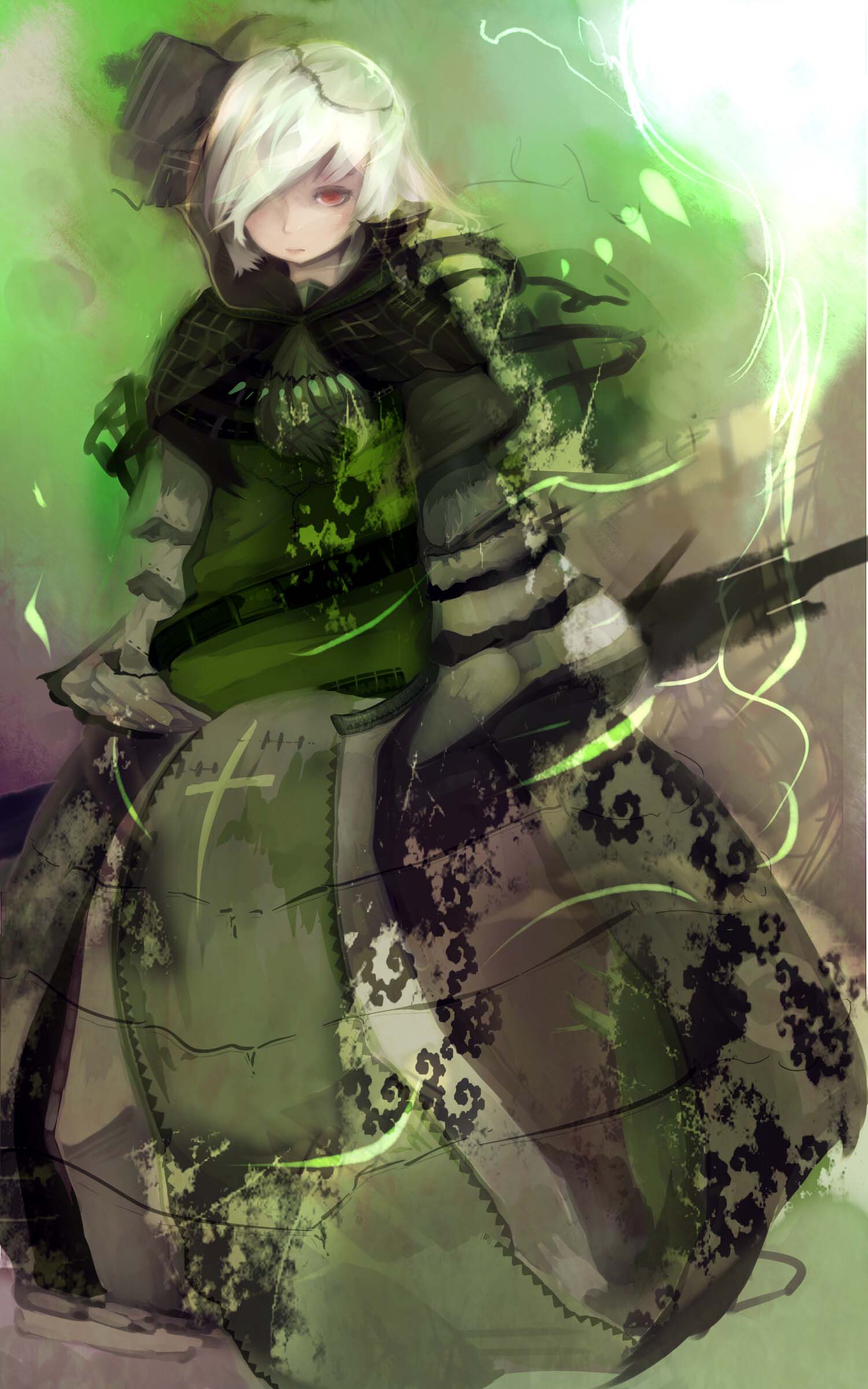 absurdres, alternate_costume, armor, armored_dress, bad_id, belt, electricity, ghost, green, hair_over_one_eye, highres, konpaku_youmu, konpaku_youmu_(ghost), myon, red_eyes, revised, revision, shisu_(binzo3), short_hair, solo, touhou, white_hair
