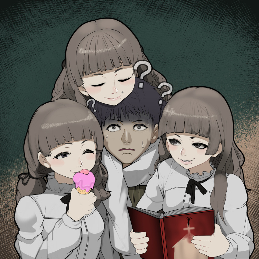 1boy, 3girls, ?, black_hair, black_ribbon, blunt_bangs, book, brown_hair, clone_harem, closed_eyes, closed_mouth, commentary, english_commentary, fear_&amp;_hunger_(series), fear_&amp;_hunger_2:_termina, food, frilled_shirt_collar, frills, grin, highres, holding, holding_book, holding_food, holding_ice_cream, hug, hug_from_behind, ice_cream, levi_(fear_&amp;_hunger), licking, long_hair, long_sleeves, marina_(fear_&amp;_hunger), minami_no_uo-za, multiple_girls, neck_ribbon, one_eye_closed, open_book, parted_lips, ribbon, shirt, short_hair, smile, sweat, white_shirt